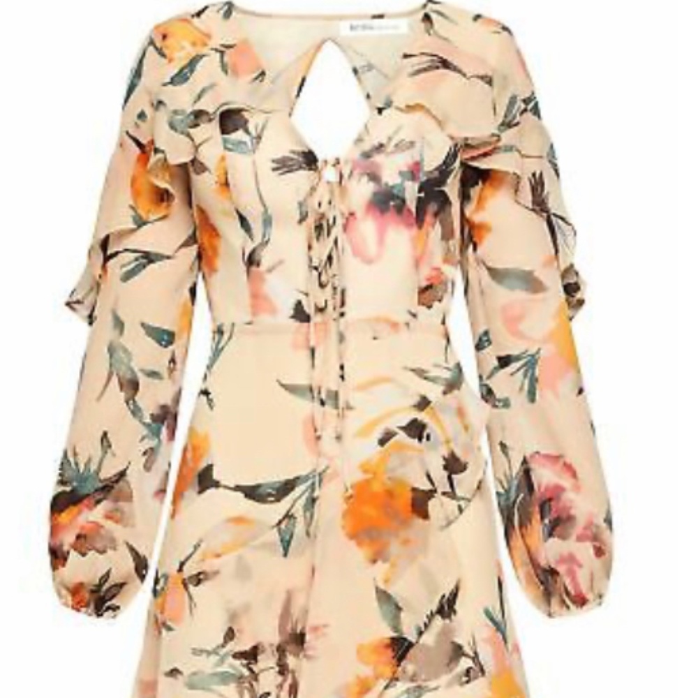 Tan Abstract Florals Ruffle Dress